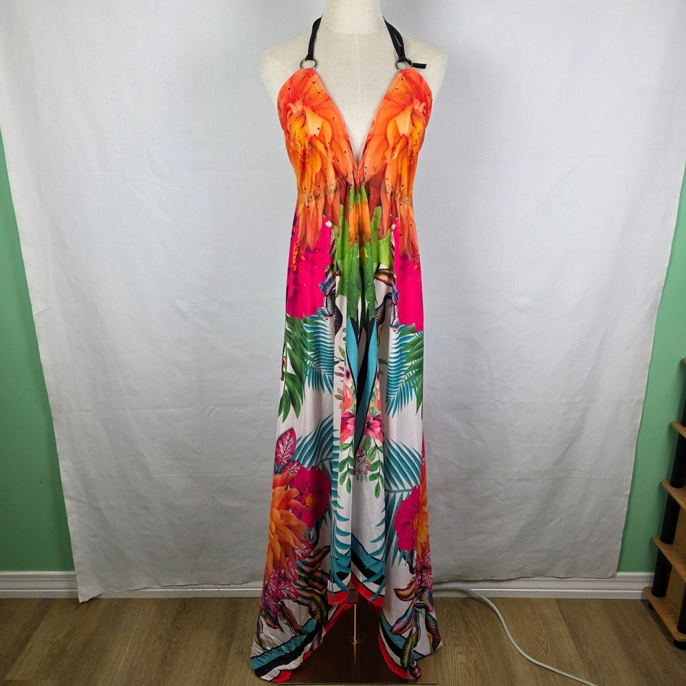 Celina Floral Tropical Maxi Dress Halter Handkerchief Hem Rhinestone Free Size